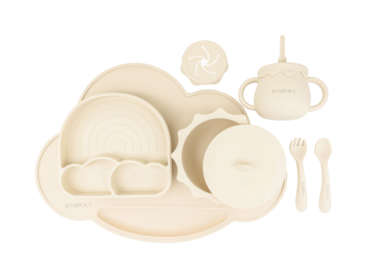 The Complete Mealtime Set – Complete silicone baby feeding set with placemat, plate, bowl, sippy cup and cutlery | Bambola The Label